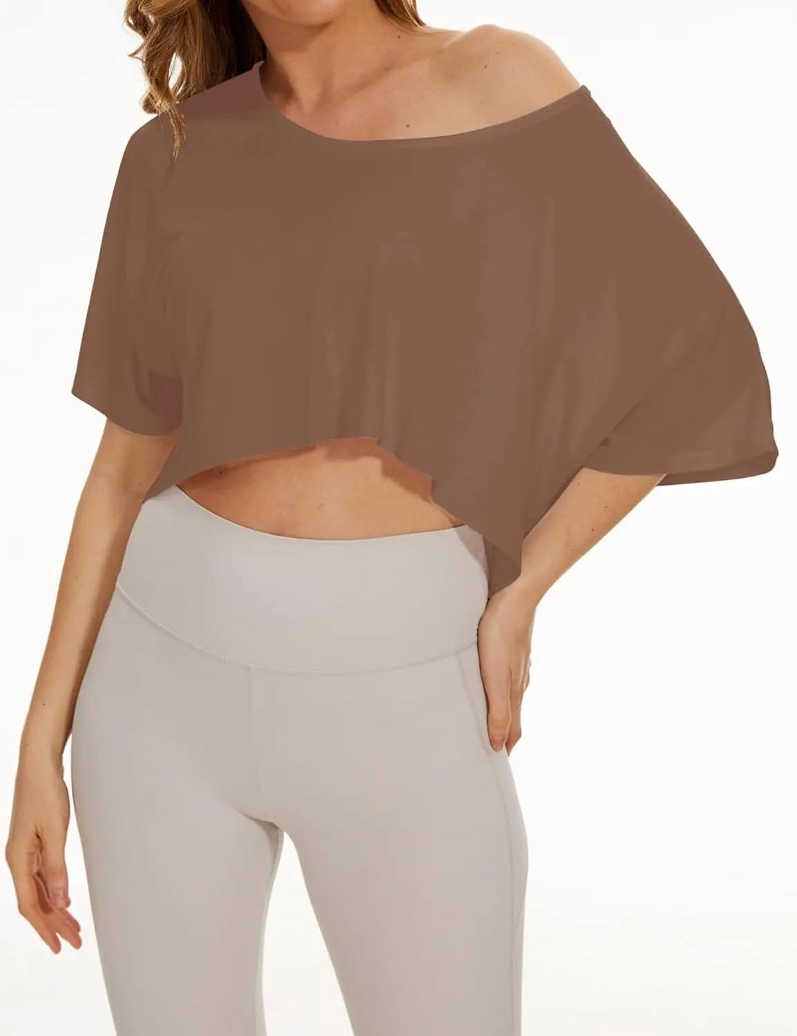 KAMISSY Women’s Casual Loose Half Sleeve Crop Tee Shirt Top Oversized Off Shoulder Yoga Running Stretchy Workout Crop T-Shirt