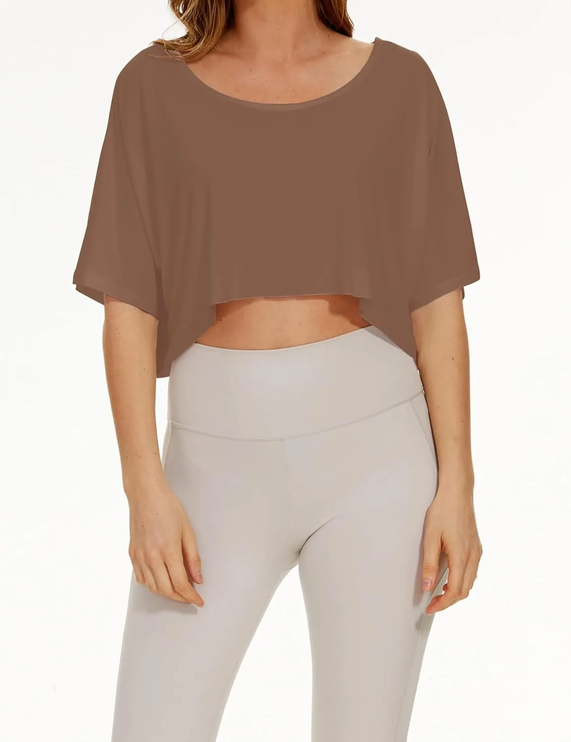 KAMISSY Women’s Casual Loose Half Sleeve Crop Tee Shirt Top Oversized Off Shoulder Yoga Running Stretchy Workout Crop T-Shirt