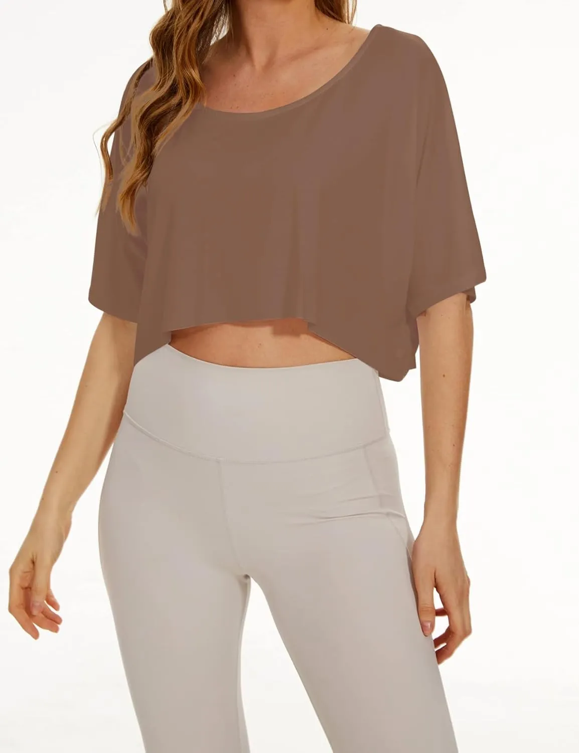 KAMISSY Women’s Casual Loose Half Sleeve Crop Tee Shirt Top Oversized Off Shoulder Yoga Running Stretchy Workout Crop T-Shirt