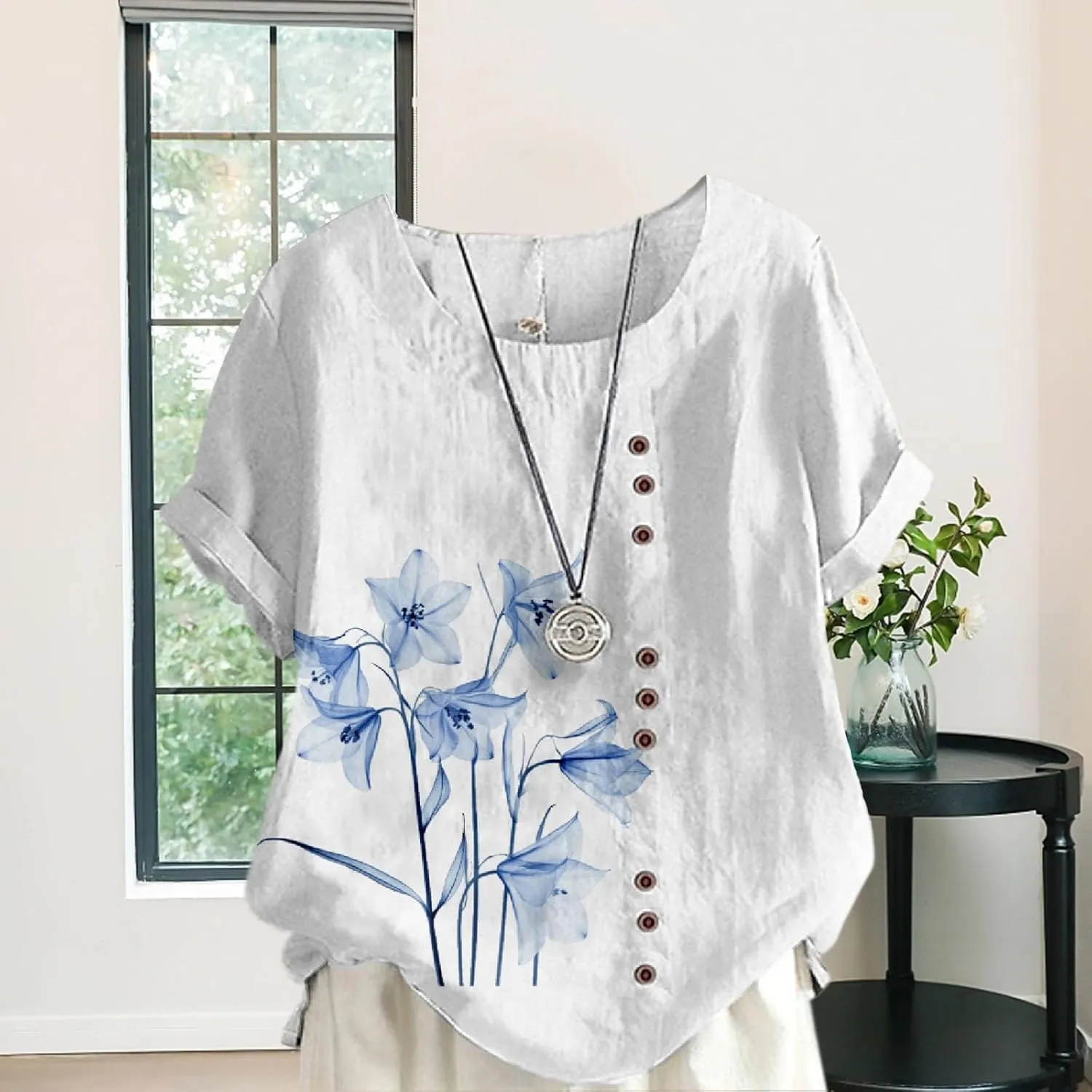Ladies Linen Blend Tunic Tops Womens Button Boho Floral Printed Crewneck Short Sleeve Shirts Summer Vacation Blouse