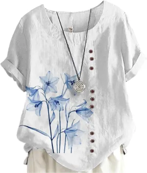 Ladies Linen Blend Tunic Tops Womens Button Boho Floral Printed Crewneck Short Sleeve Shirts Summer Vacation Blouse