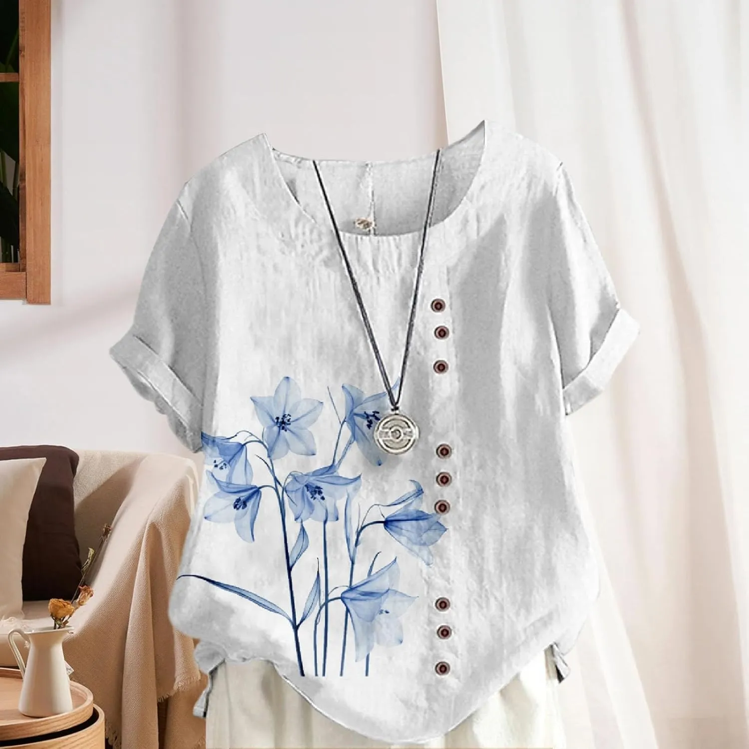 Ladies Linen Blend Tunic Tops Womens Button Boho Floral Printed Crewneck Short Sleeve Shirts Summer Vacation Blouse