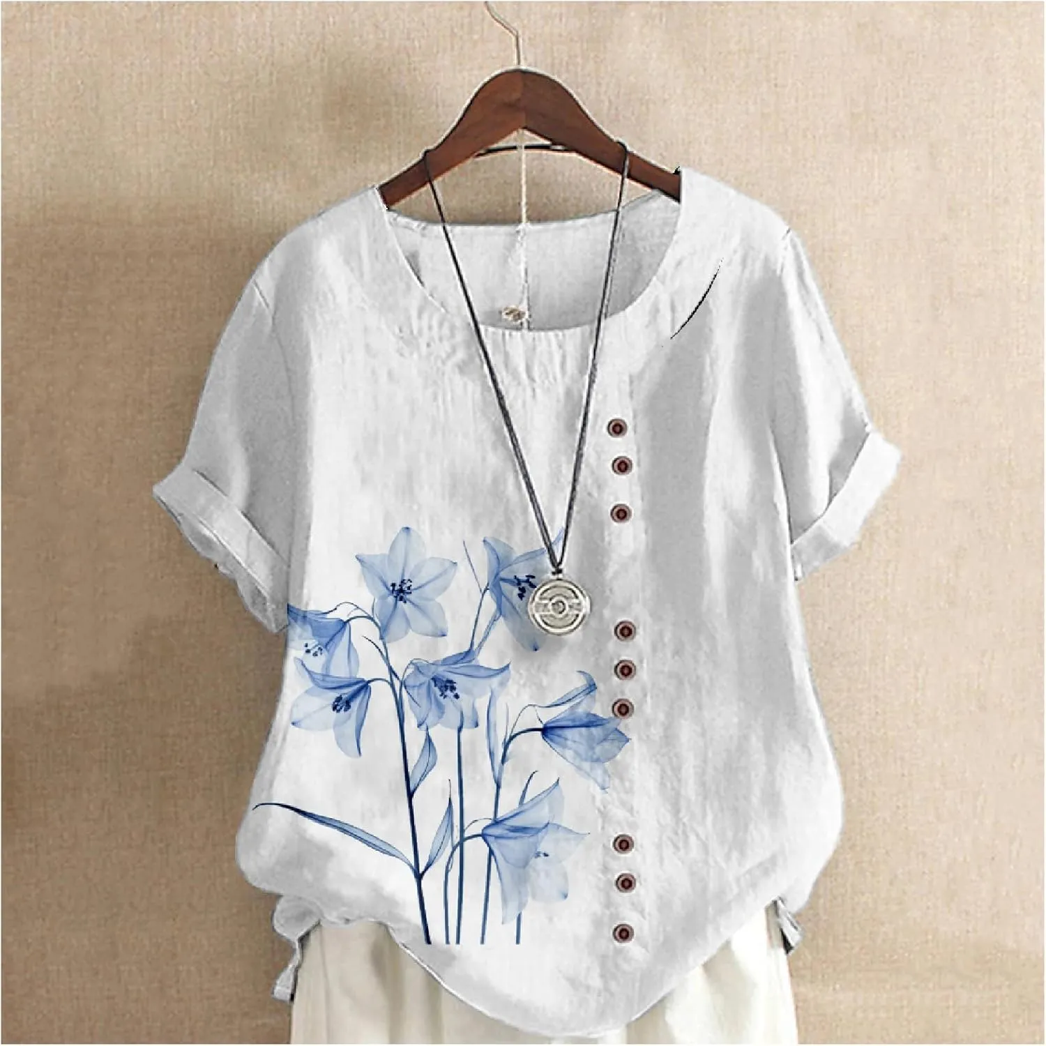 Ladies Linen Blend Tunic Tops Womens Button Boho Floral Printed Crewneck Short Sleeve Shirts Summer Vacation Blouse