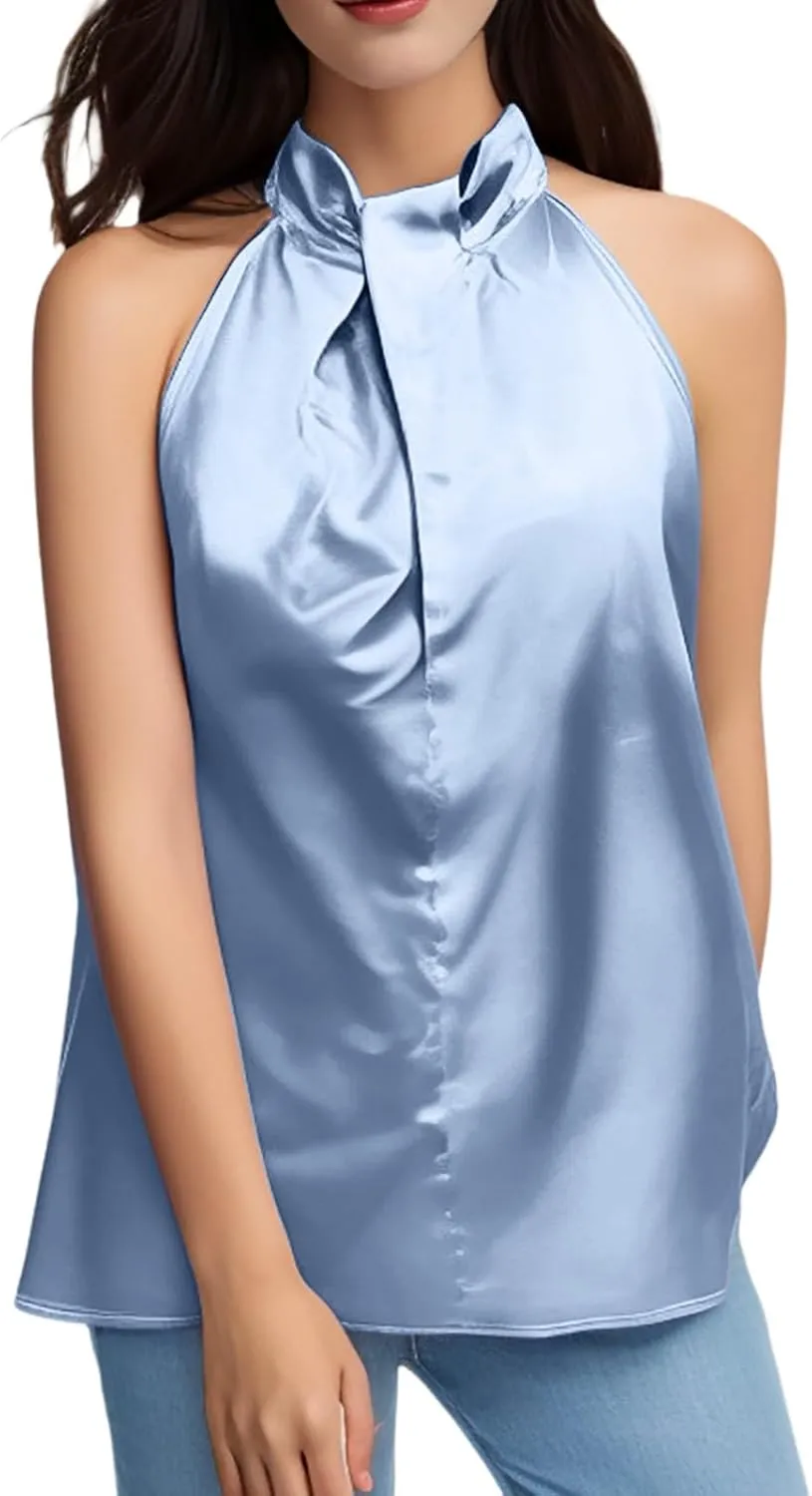 Ladies Summer Casual Sleeveless Solid Color Hanging Neck Jacket Arc Hem Casual Jacket Shirts Woman