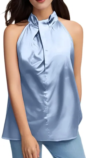 Ladies Summer Casual Sleeveless Solid Color Hanging Neck Jacket Arc Hem Casual Jacket Shirts Woman