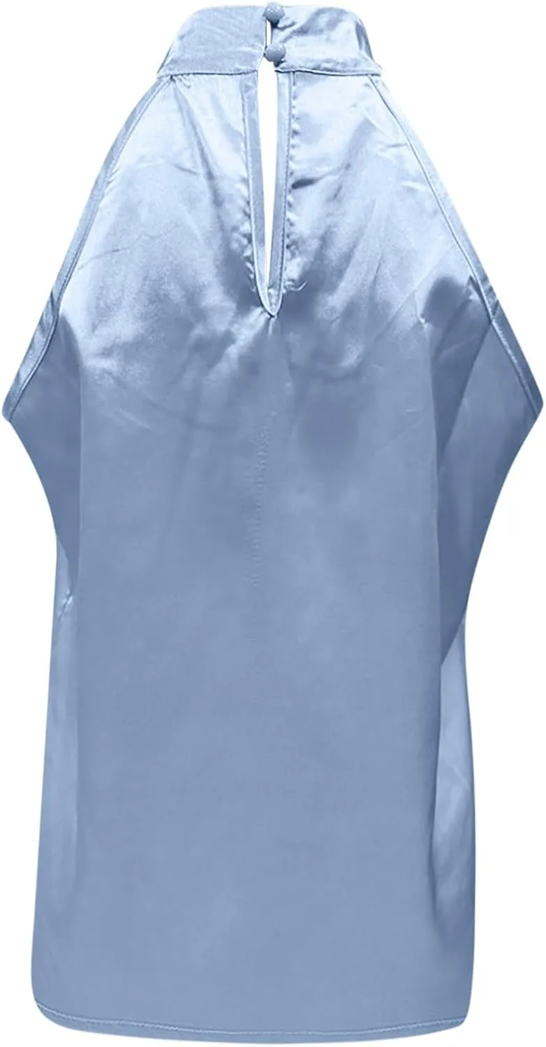 Ladies Summer Casual Sleeveless Solid Color Hanging Neck Jacket Arc Hem Casual Jacket Shirts Woman