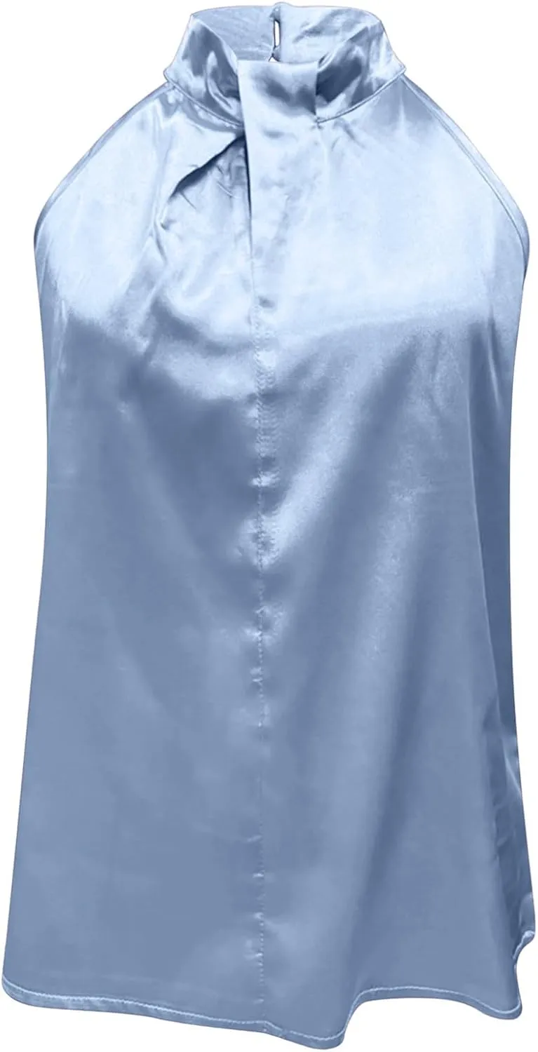Ladies Summer Casual Sleeveless Solid Color Hanging Neck Jacket Arc Hem Casual Jacket Shirts Woman