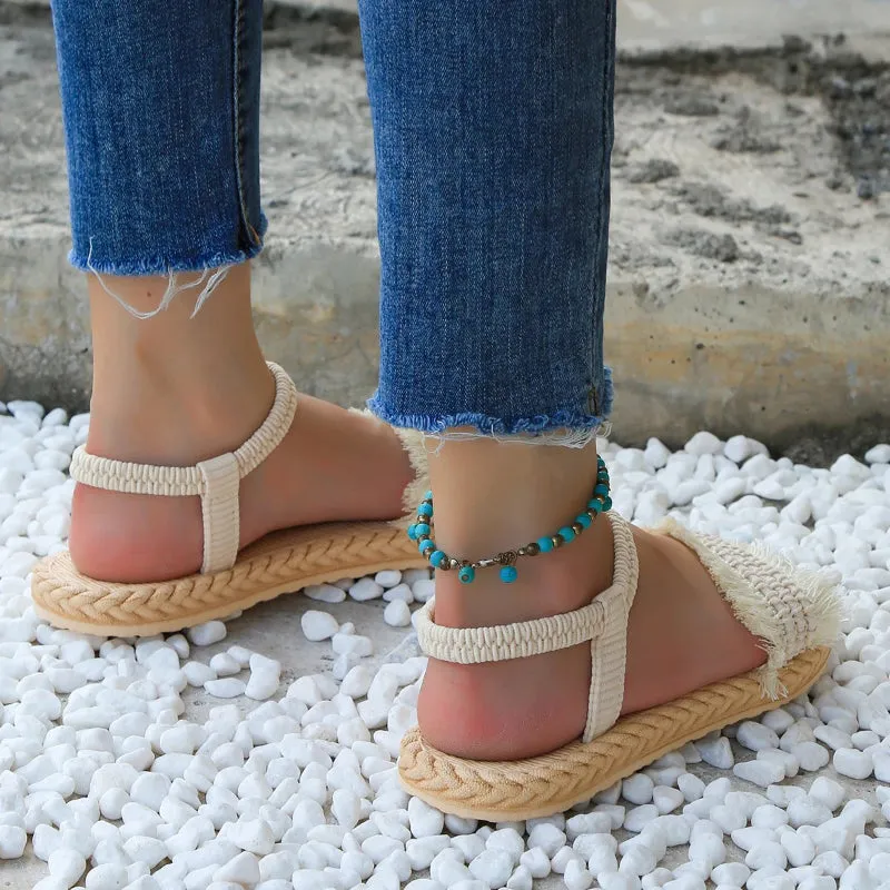 Lightweight Summer Fringe Trim Braided Design Slingback Sandals