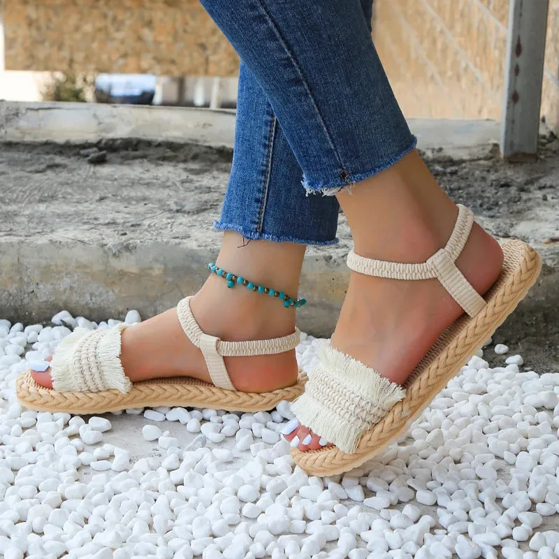 Lightweight Summer Fringe Trim Braided Design Slingback Sandals