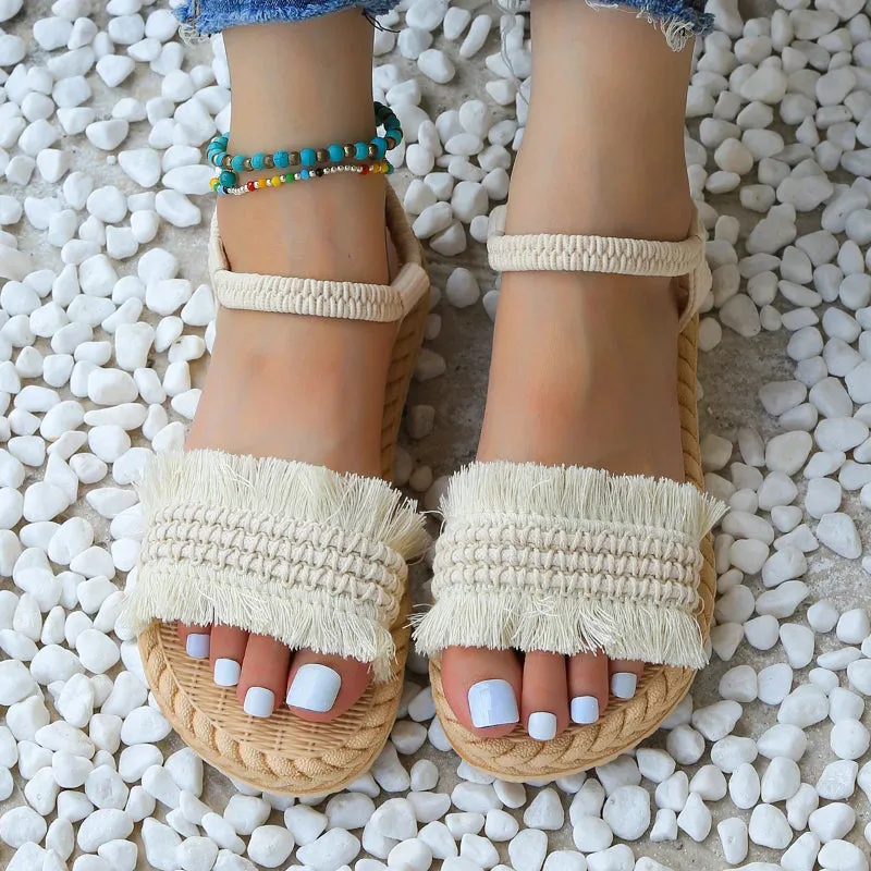 Lightweight Summer Fringe Trim Braided Design Slingback Sandals
