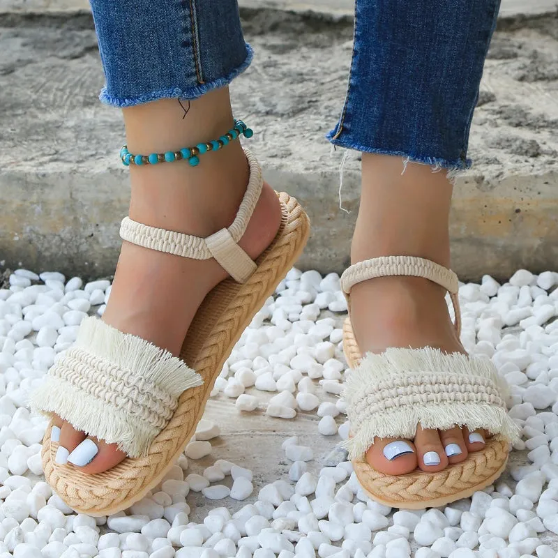 Lightweight Summer Fringe Trim Braided Design Slingback Sandals