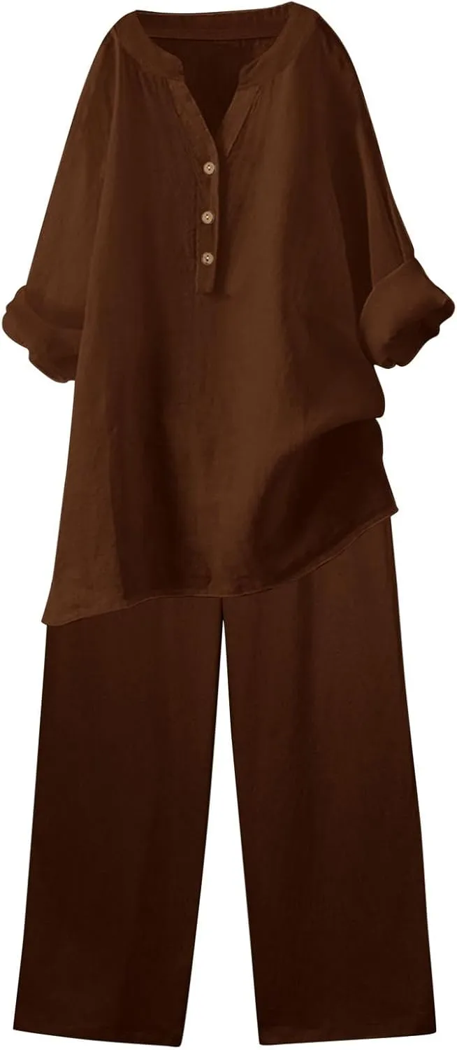 Linen Set for Women 2 Piece Trendy Summer Outfits Plus Size Short Sleeve Beach Tops Capri Pants Lounge Matching Sets