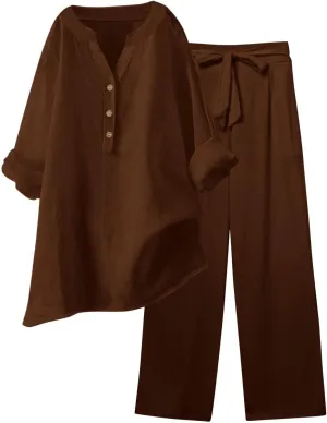 Linen Set for Women 2 Piece Trendy Summer Outfits Plus Size Short Sleeve Beach Tops Capri Pants Lounge Matching Sets