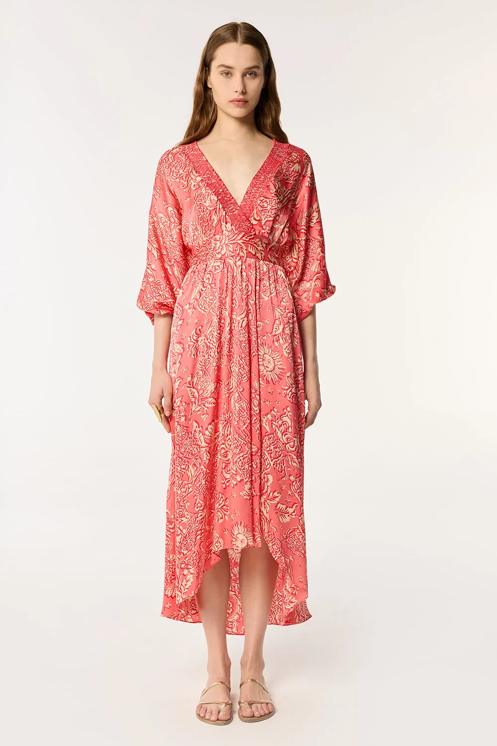 Long Dress Celie - Pink Oriental Foulard