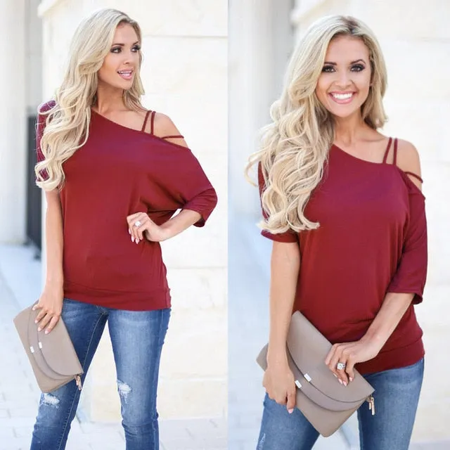 Loose Casual Short T-Shirts Women One Shoulder Off Sexy Cotton