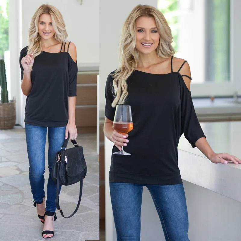 Loose Casual Short T-Shirts Women One Shoulder Off Sexy Cotton
