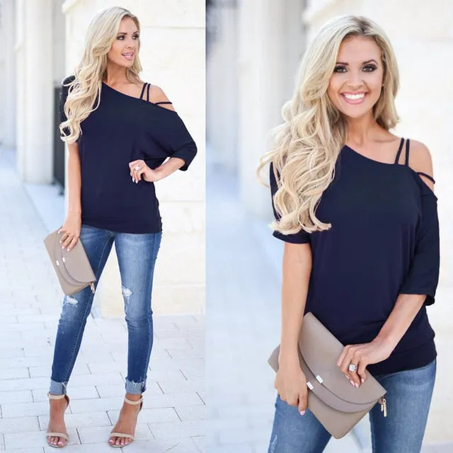 Loose Casual Short T-Shirts Women One Shoulder Off Sexy Cotton