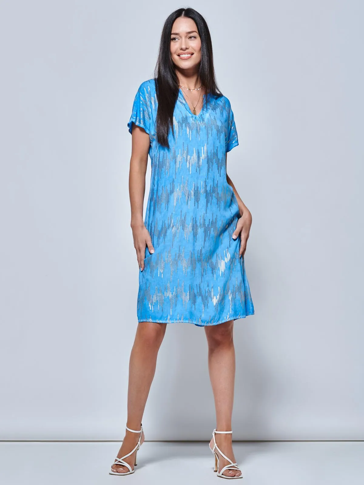Loose Fit Tunic Holiday Midi Dress, Blue Abstract