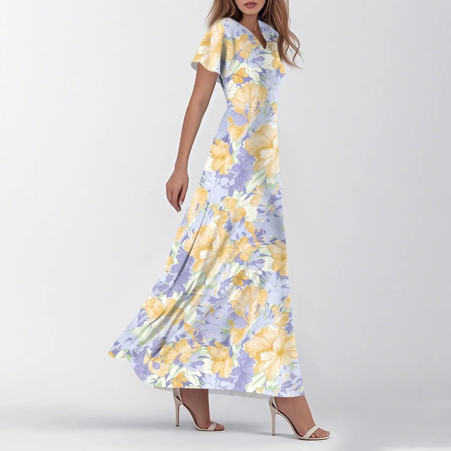 Maxi Dresses for Women 2025 Summer Floral V Neck Wrap Short Sleeve Dress Casual Flowy Elegant Wedding Guest Dresses