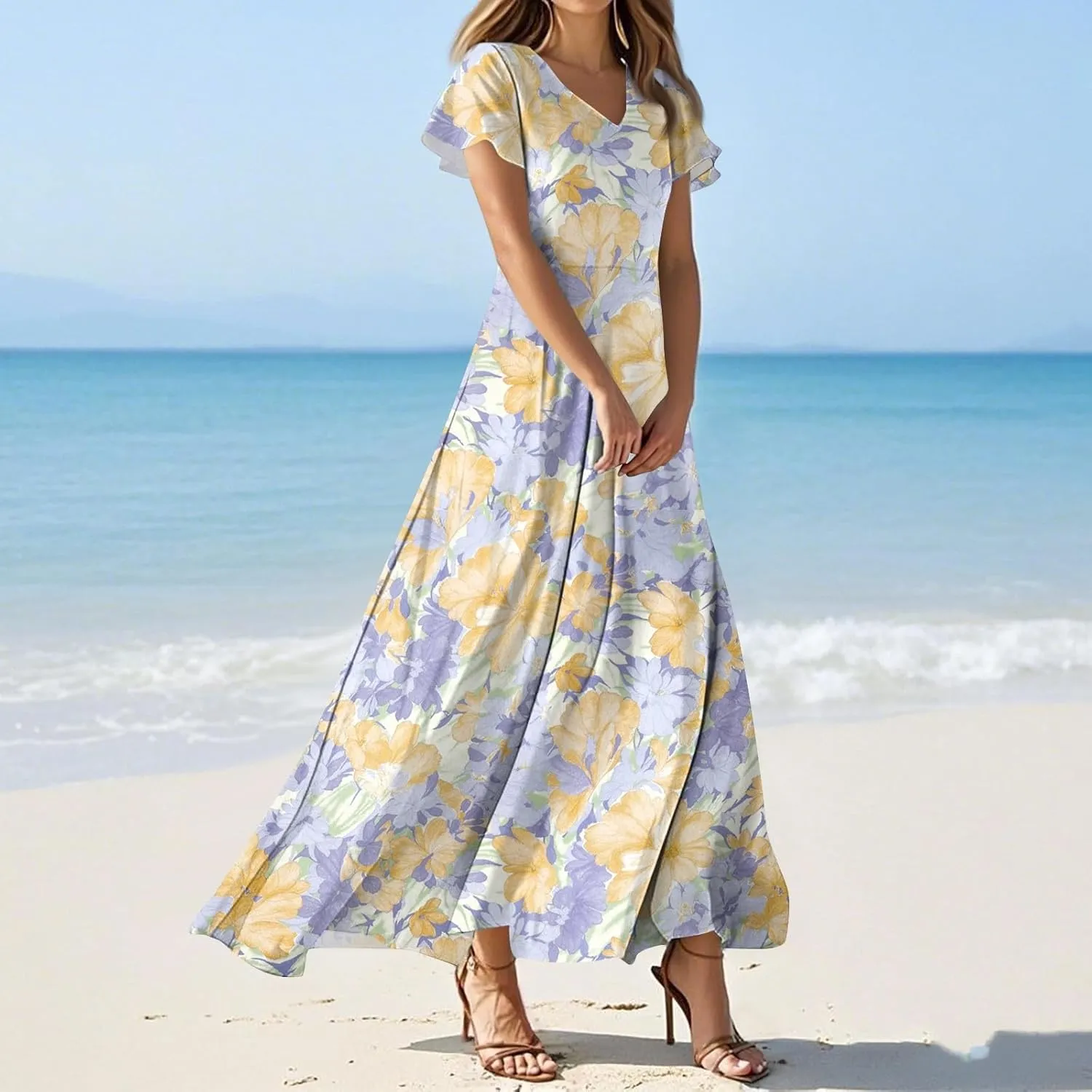 Maxi Dresses for Women 2025 Summer Floral V Neck Wrap Short Sleeve Dress Casual Flowy Elegant Wedding Guest Dresses