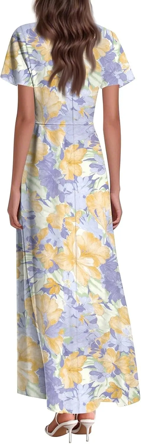 Maxi Dresses for Women 2025 Summer Floral V Neck Wrap Short Sleeve Dress Casual Flowy Elegant Wedding Guest Dresses