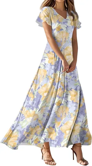 Maxi Dresses for Women 2025 Summer Floral V Neck Wrap Short Sleeve Dress Casual Flowy Elegant Wedding Guest Dresses