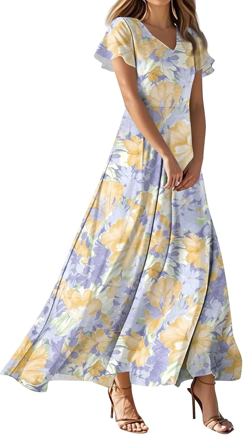Maxi Dresses for Women 2025 Summer Floral V Neck Wrap Short Sleeve Dress Casual Flowy Elegant Wedding Guest Dresses
