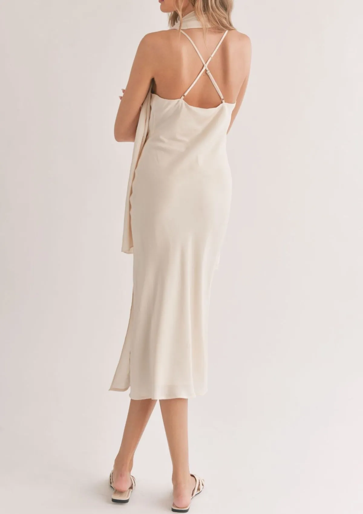 Mirage Cowl Neck Midi Dress with Shawl - Ivory