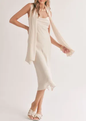 Mirage Cowl Neck Midi Dress with Shawl - Ivory