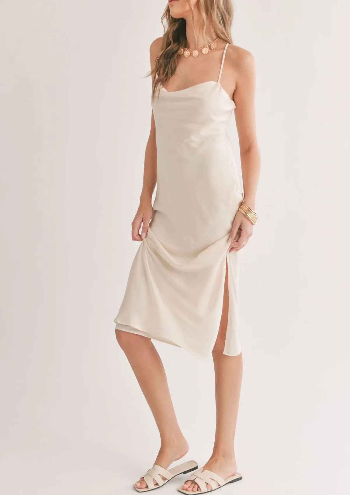 Mirage Cowl Neck Midi Dress with Shawl - Ivory