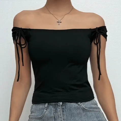 Off shoulder self tie solid top