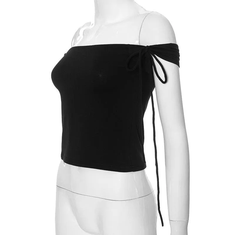 Off shoulder self tie solid top