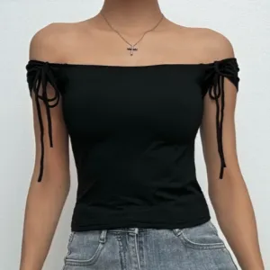 Off shoulder self tie solid top