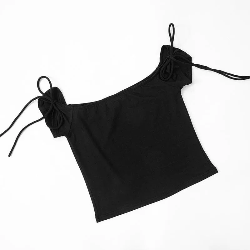 Off shoulder self tie solid top