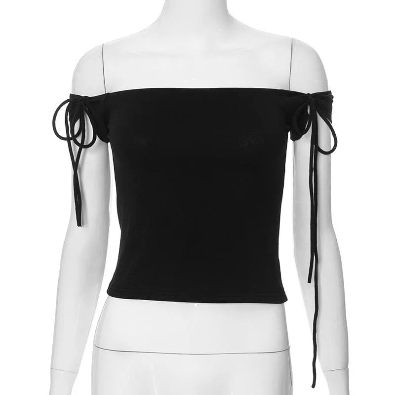 Off shoulder self tie solid top