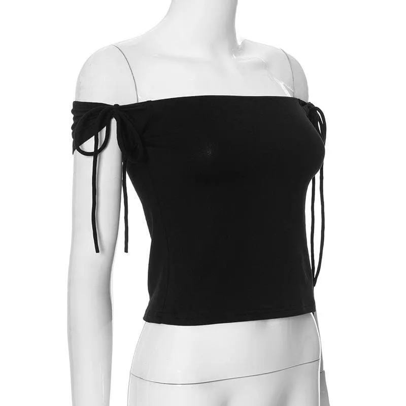 Off shoulder self tie solid top