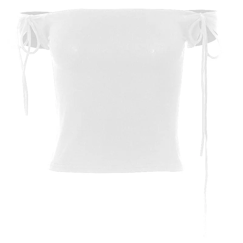 Off shoulder self tie solid top