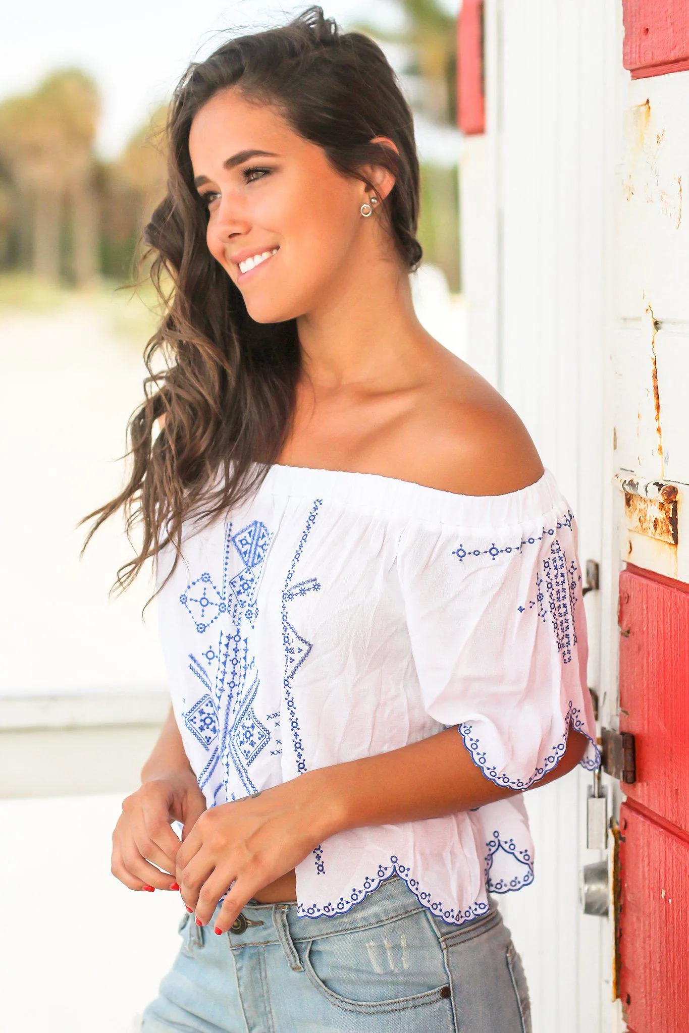 Off White Off Shoulder Top with Blue Embroidery