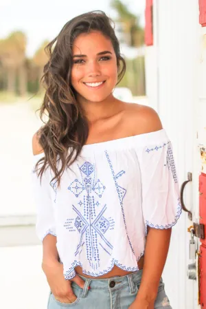 Off White Off Shoulder Top with Blue Embroidery