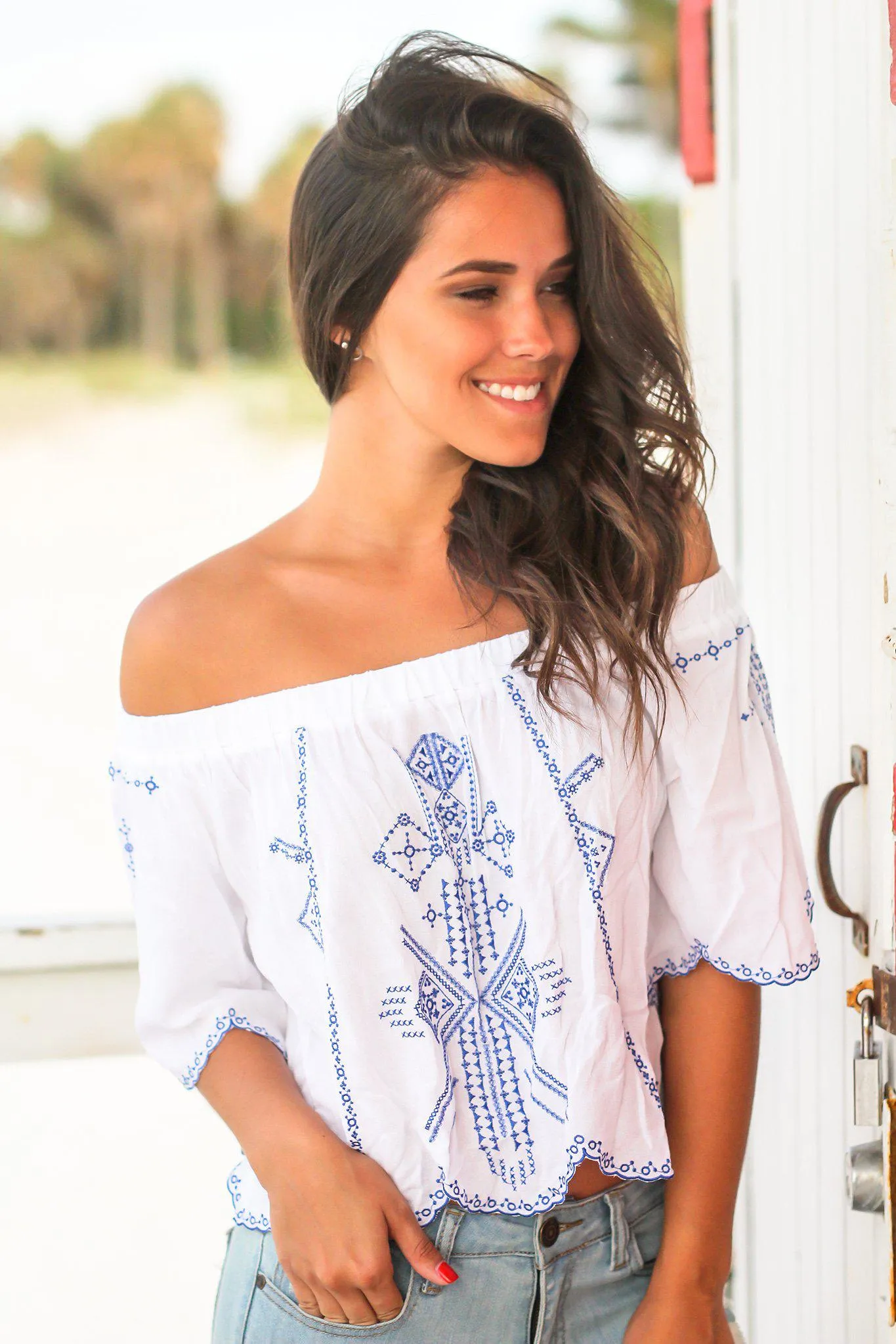 Off White Off Shoulder Top with Blue Embroidery
