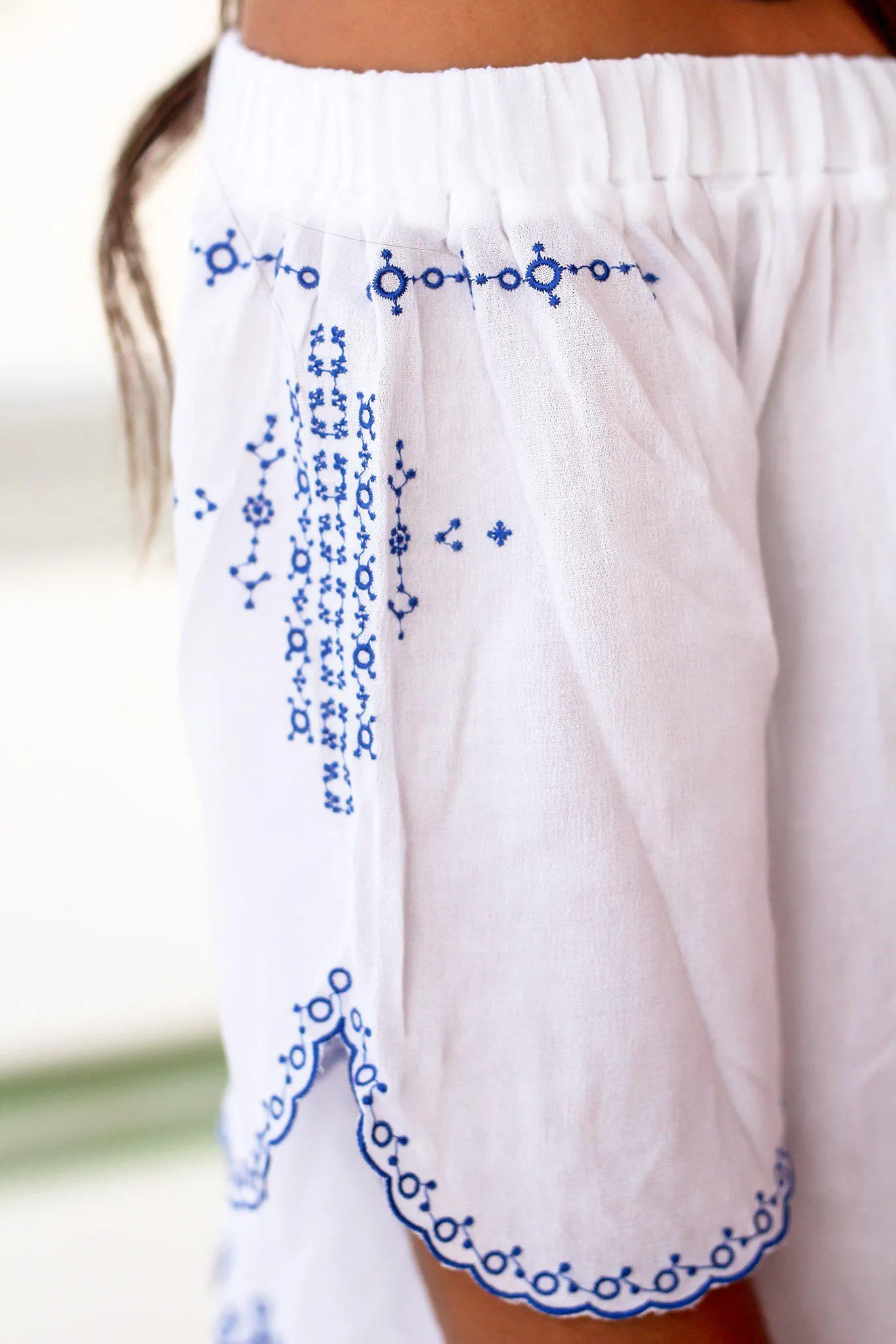 Off White Off Shoulder Top with Blue Embroidery