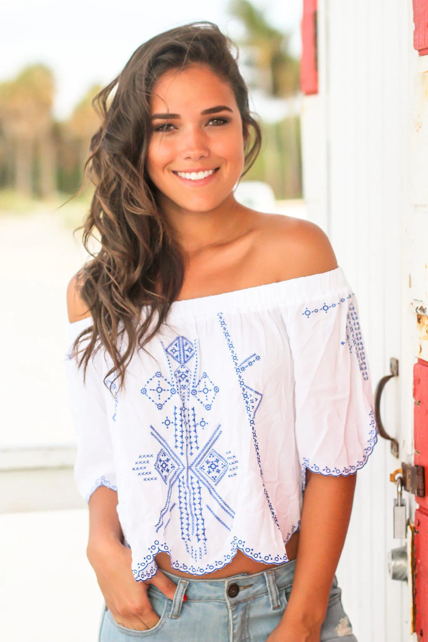 Off White Off Shoulder Top with Blue Embroidery