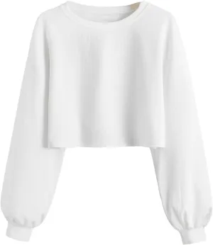OYOANGLE Women's Casual Basic Crew Neck Raw Hem Crop Sweatshirt Long Sleeve Crop Tops