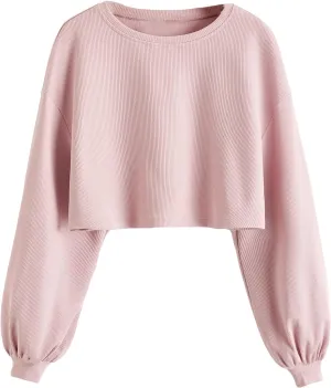 OYOANGLE Women's Casual Basic Crew Neck Raw Hem Crop Sweatshirt Long Sleeve Crop Tops