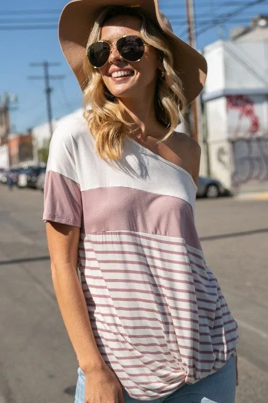 Plus Front Twist Off Shoulder Striped Top