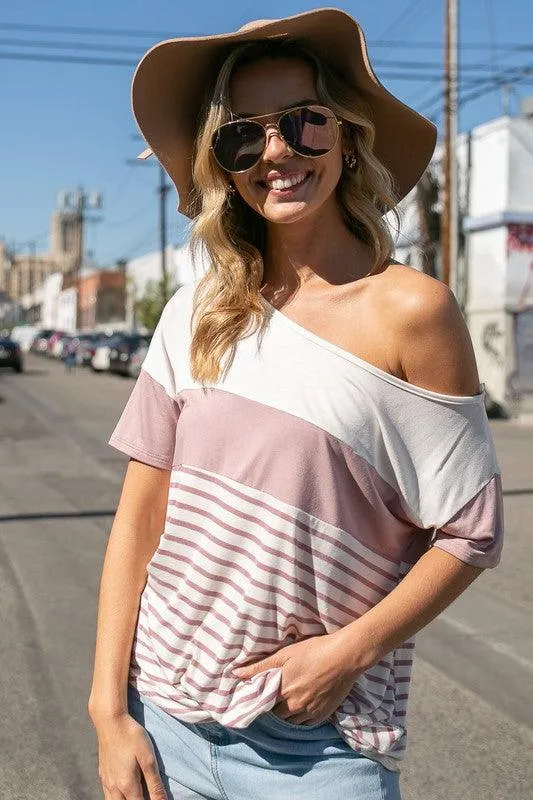 Plus Front Twist Off Shoulder Striped Top