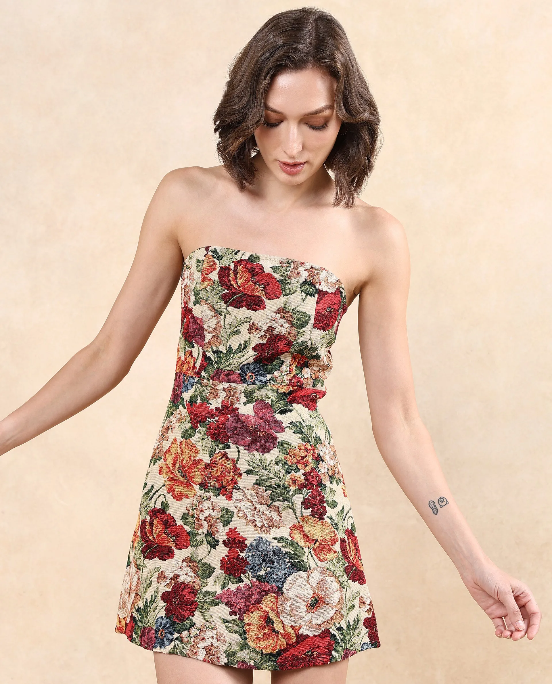 Rareism Women Yolor Multi Sleeveless Tube Neck Zipper Closure Fit And Flare Mini Jacquard Dress