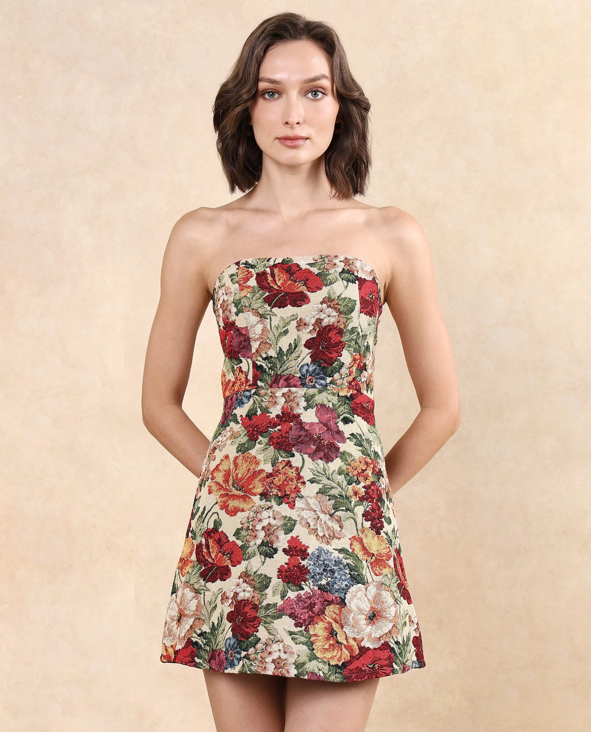 Rareism Women Yolor Multi Sleeveless Tube Neck Zipper Closure Fit And Flare Mini Jacquard Dress