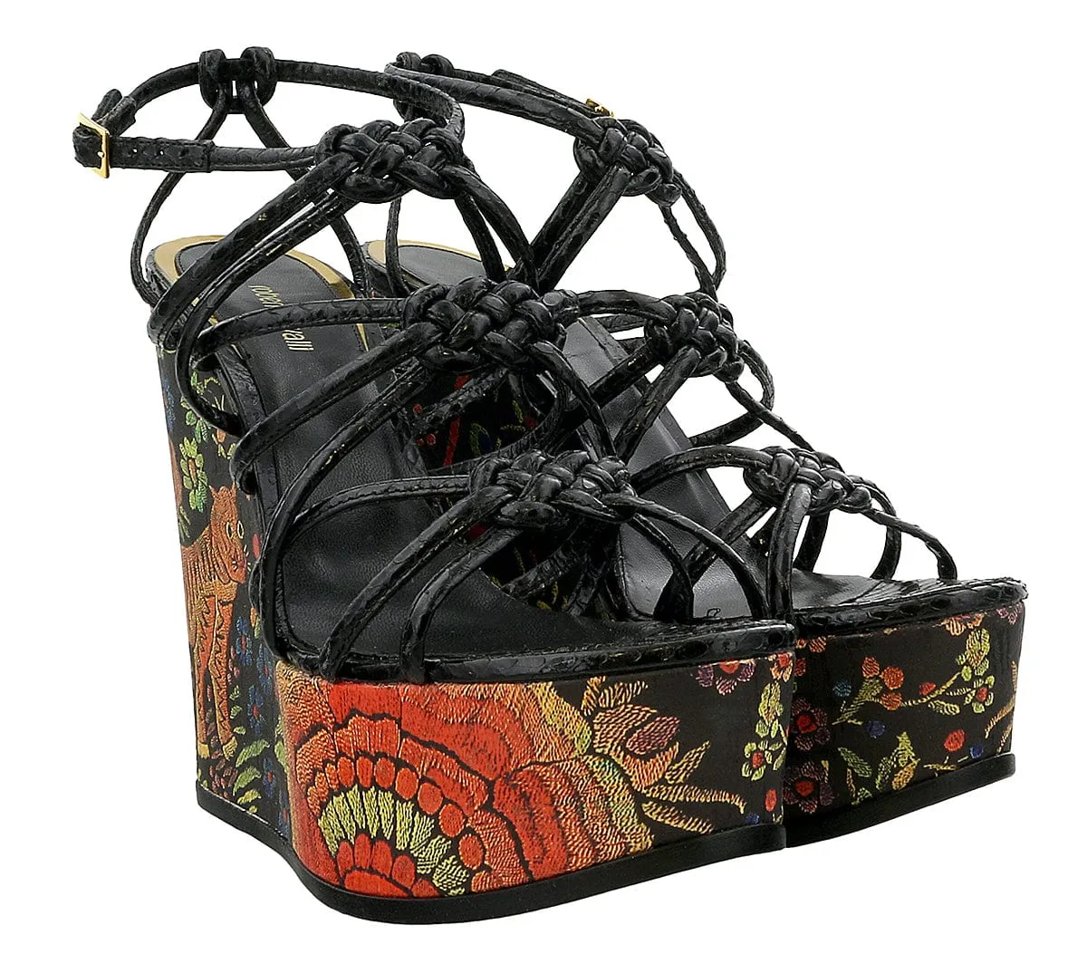 Roberto Cavalli Black Embroidered Heel Wedge Sandal-