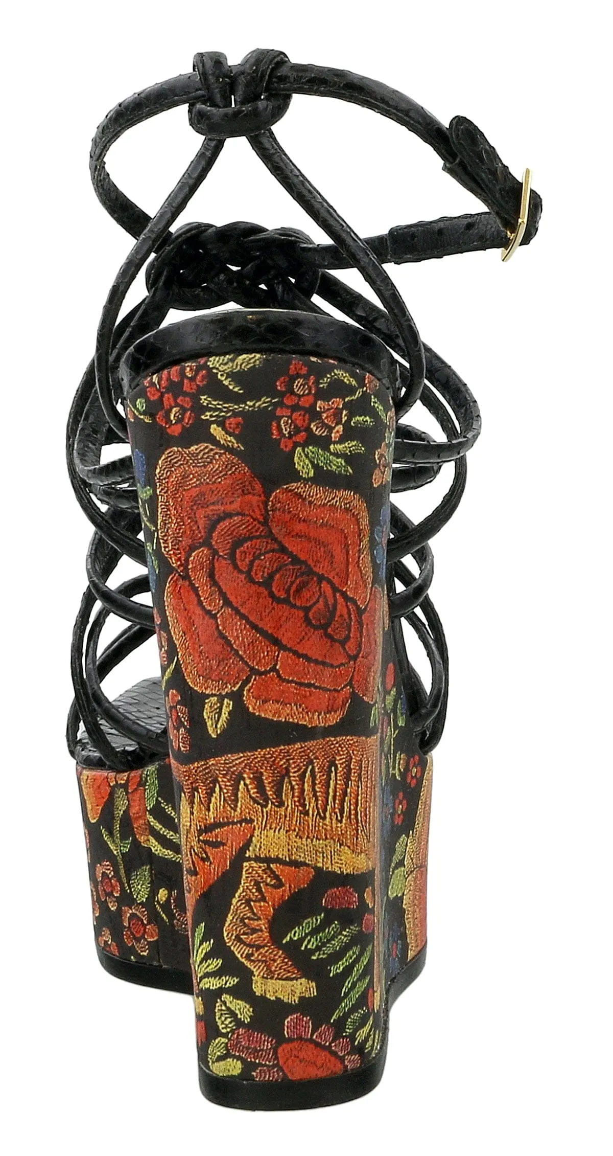 Roberto Cavalli Black Embroidered Heel Wedge Sandal-